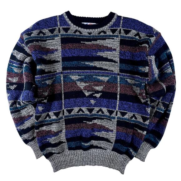 Vintage 90s Abstract Geometric Sweater M Seinfeld Style Coogi Era Statement Knit - Picture 3 of 8